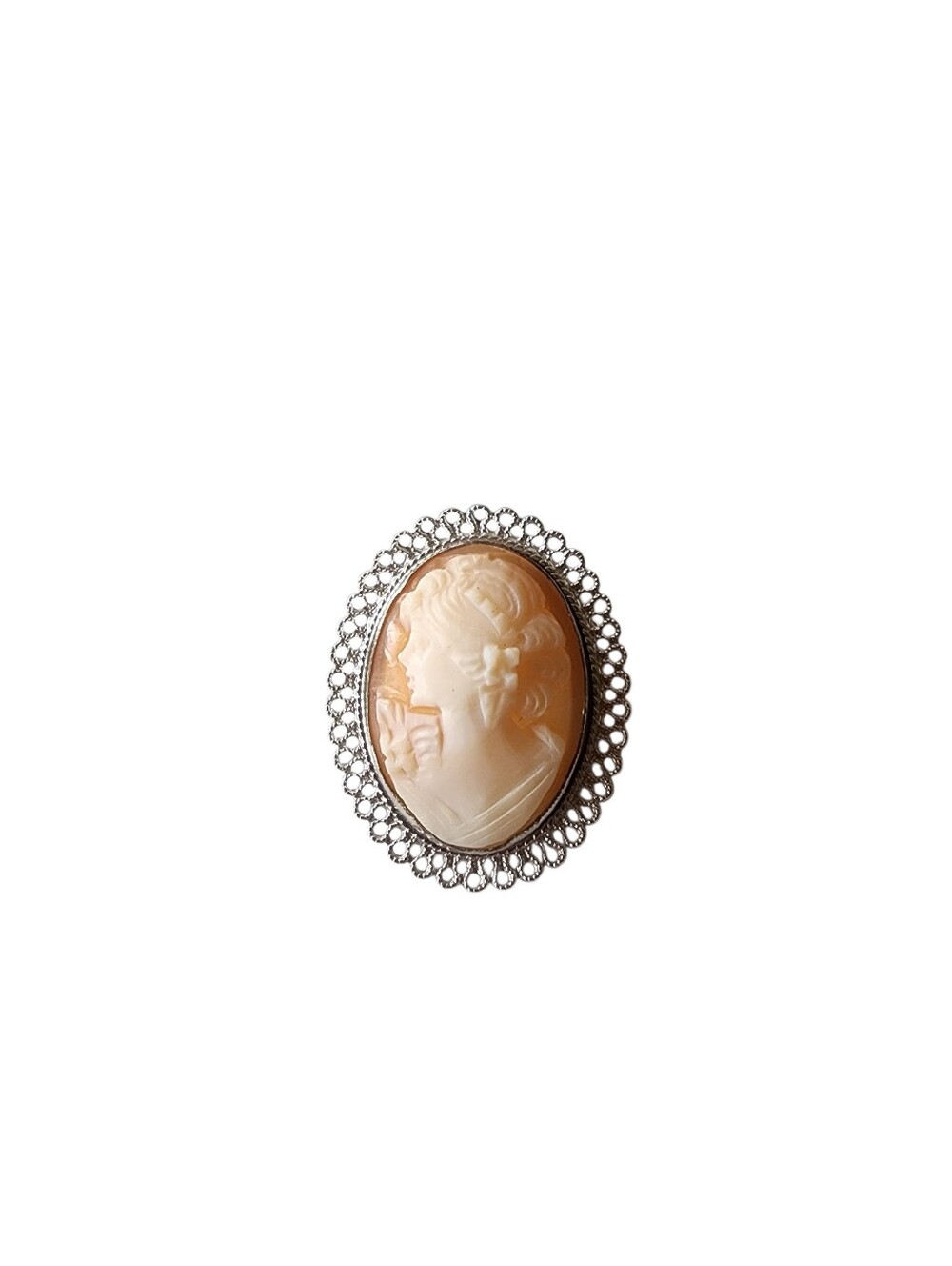 Rare Beau Sterling Silver Vintage Shell Cameo Brooch in Cream and Peach